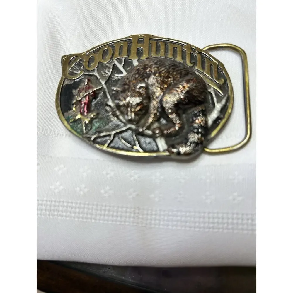 Vintage Coon Hunting Raccoon Belt Buckle Brass The Great American Buckle Co USA